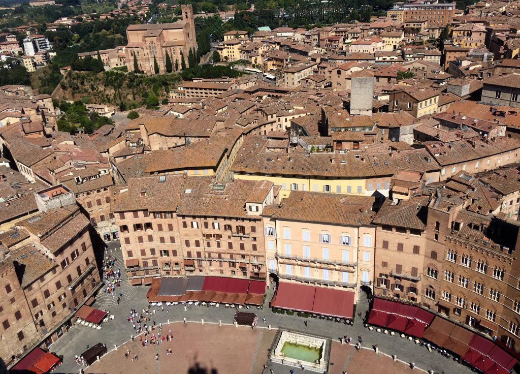 Looking down toward the Piazza del Campo from the Torre del Mangia.