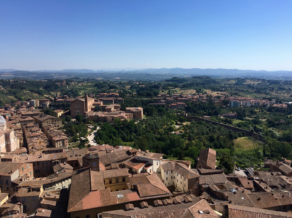 Rolling Tuscan hills and terracotta rooftops.